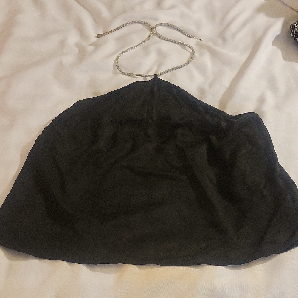 H & M Black Satin Halter with Rhinestone Neck Strap, Size: XL, NWT